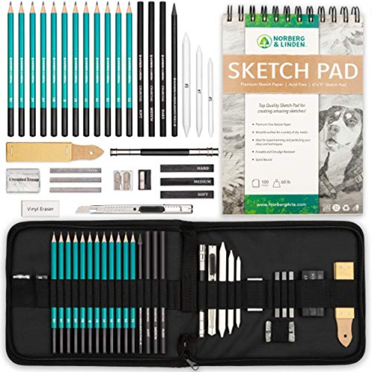 XL Drawing Set - Sketching, Graphite and Charcoal Pencils. Includes 100 Page Drawing Pad, Kneaded Eraser, Blending Stump. Art Kit and Supplies for Kids, Teens and Adults.
